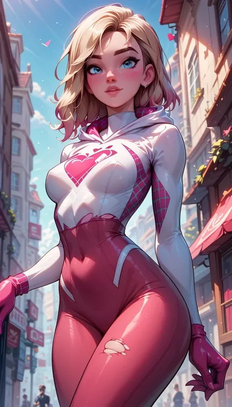 sexy gwen stacy wearing a sexy ripped red leggings for valentine's day, high quality face and detailed eyes, standing up