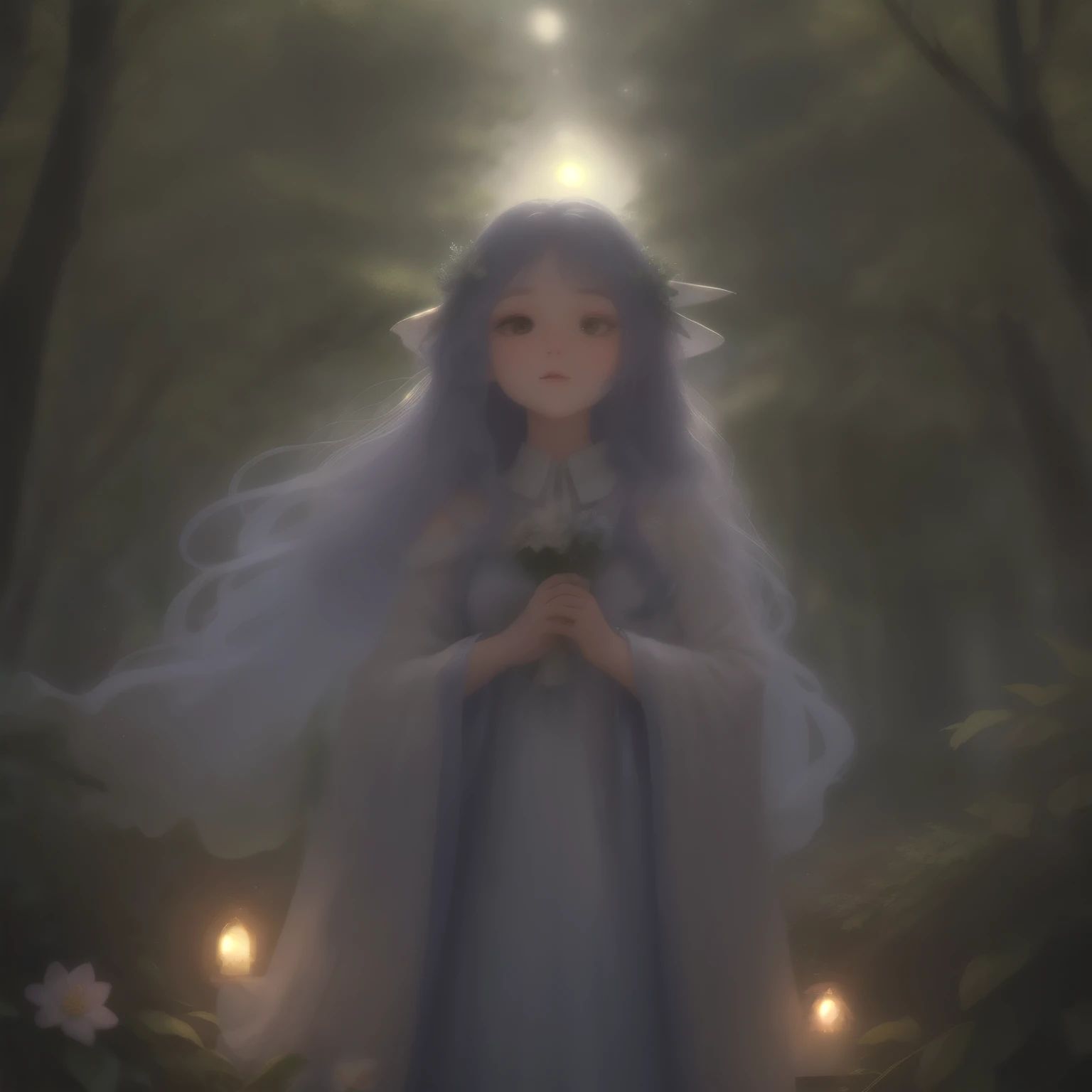 In this enchanting scene, the camera is situated among treetops, offering a low-angle perspective amidst a whimsical atmosphere, Moonlit forest glade, subtle mist swirling around ancient trees, illuminated by a soft, ethereal glow emanating from a crescent...
