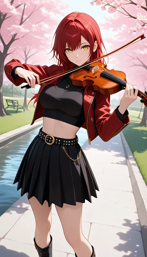 1girl , red hair , long hair , side stripes , golden eyes , medium breasts ,
sexy, cute, handsome, violin in hand, violin playing, rocking clothes, black crop top, red crop top jacket, rocking jacket, open jacket, black skirt, wide pleated skirt, studded b...