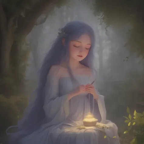 In this enchanting scene, the camera is situated among treetops, offering a low-angle perspective amidst a whimsical atmosphere, Moonlit forest glade, subtle mist swirling around ancient trees, illuminated by a soft, ethereal glow emanating from a crescent...