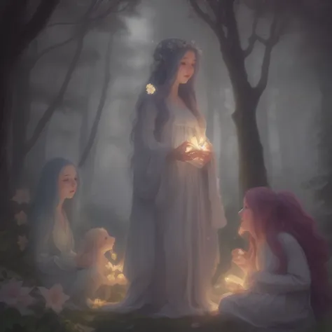 In this enchanting scene, the camera is situated among treetops, offering a low-angle perspective amidst a whimsical atmosphere, Moonlit forest glade, subtle mist swirling around ancient trees, illuminated by a soft, ethereal glow emanating from a crescent...