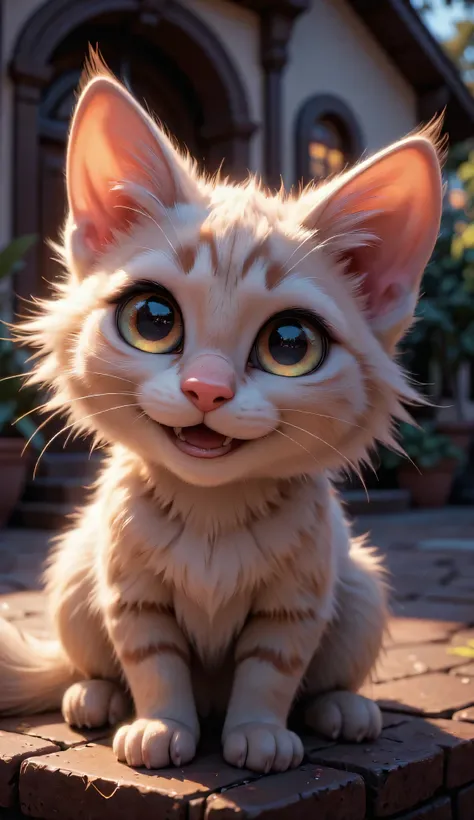 3D character, cute happy Siamese kitten, sitting on the stairs, Outside the house, masterpiece, Background Blur.