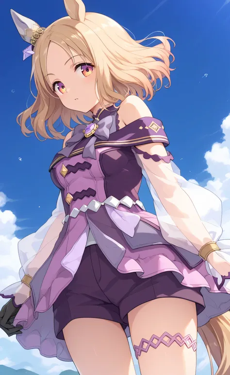 narita, horse tail, short hair, animal ears, ear ornament, ear covers, single ear cover，purple dress, off-shoulder dress, purple bow, long sleeves, see-through sleeves, black gloves, purple shorts, thigh strap, bare shoulders，1人の少女, solo, アニメ調，かわいい女の子,最高の品...