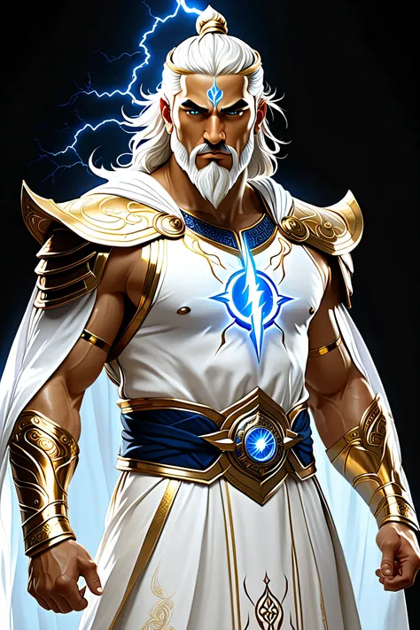 A strong, middle-aged, light-skinned male figure, possibly a mythological god or similar character, is depicted. He is positioned slightly off-center in the image, and is oriented directly toward the viewer. The character has a large, muscular build. His w...