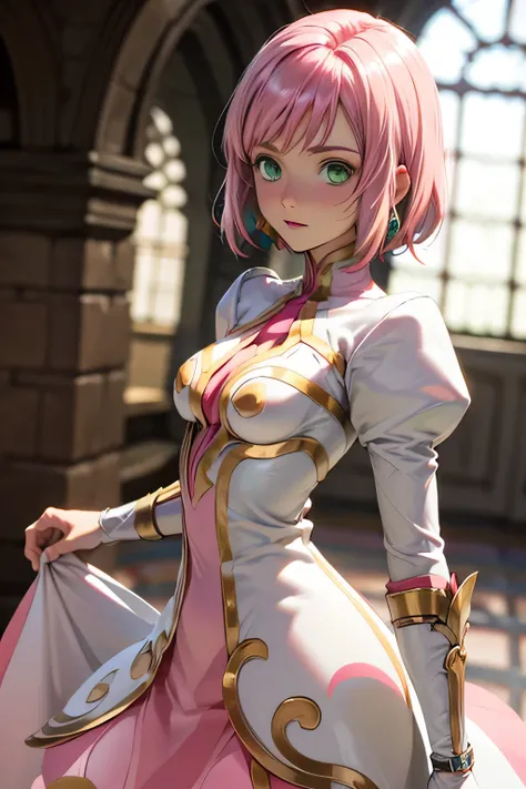 perfect anatomy　top quality,highest resolution,(((White shiny dress　green eyes　pink hair　small breasts)))　Estellise　[blurry]　16K　Castle