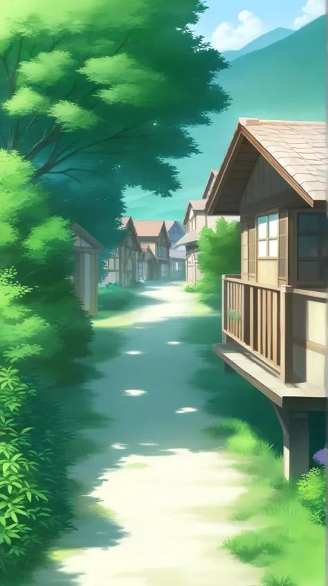 On a quiet morning in a beautiful village surrounded by green nature and distant mountains