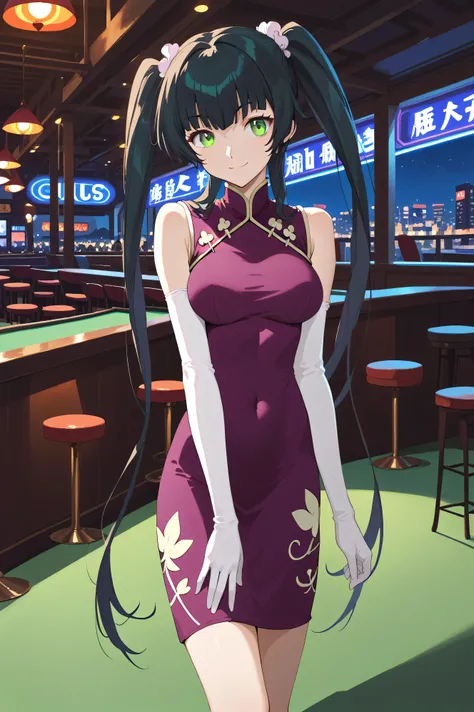 score_9, score_8_up, score_7_up, , score_anime, Wang Liumei , 1 girl, solo,   van cover, double bang, China Dress, twin blade, dark green hair, cowboy shooting, very long hair, brown eyes, is standing, evil smile, pink above elbow gloves, sleeveless, purpl...
