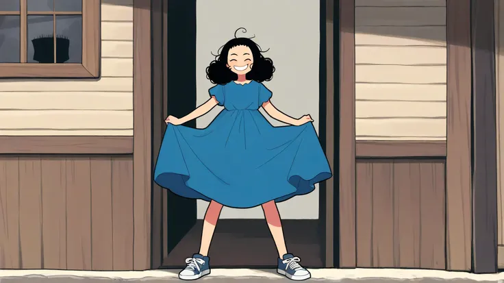 Salma, the cute girl with curly black hair, woke up with a wide smile on her face. She came out of her little house shining in her blue dress and sneakers.