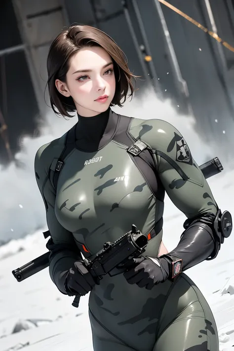 Browsing Caution, Anime screenshots, 16K, A body with perfect anatomical proportions, Perfect hands, action, Dynamic composition with a sense of speed and movement, (Hold an assault rifle:1.6), wife, 40 years old, Perfectly beautiful, delicate and sexy fac...