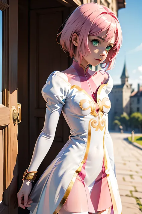 perfect anatomy　top quality,highest resolution,(((White shiny dress　green eyes　shiny pink hair　small breasts　shiny skin)))　Estellise　[blurry]　16K　Castle