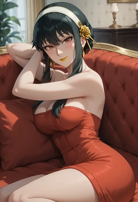 woman, big breasts, yellow lipstick, anime style, black hair, white skin, red eyes, red dress, bare shoulders, home, lying on couch, focus on character, looking at viewer, smiling, casual clothing, happy, side view, Yor Briar, Yor Forger, Spy x Family 