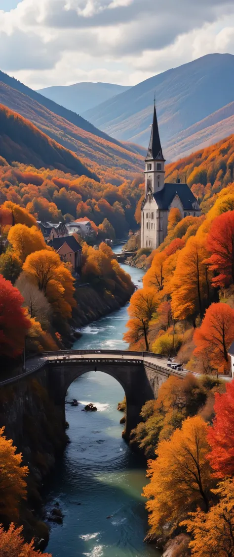 in high-definition images、an image masterpiece of an autumn plain 、 bright color 、 Spectacular Dramatic Expression Intense Style 、 a small village with a church 、 Gothic Bridges 、 A river in a gentle valley、 crystal water top quality screen environment ...