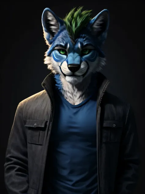 liolf (hybrid wolf:0.7 and lion:0.3), anthro liolf, furry, male, solo, 25 yo, darkblue fur, darkblue body, green hairs, spiky hairs, short hairs, deep green eyes, look at viewer, seductive smile,dark blue shirt, opened light grey jacket, dark grey pant, po...