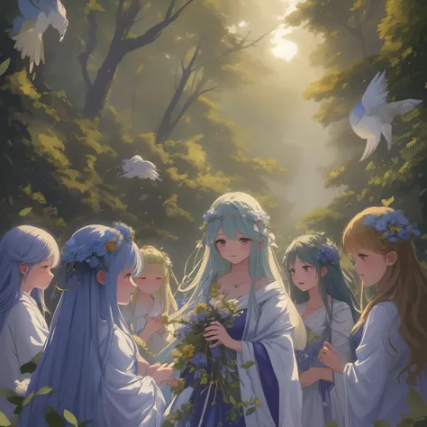 In this enchanting scene, the camera is situated among treetops, offering a low-angle perspective amidst a whimsical atmosphere, Moonlit forest glade, subtle mist swirling around ancient trees, illuminated by a soft, ethereal glow emanating from a crescent...