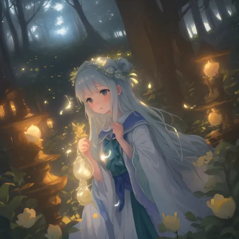 In this enchanting scene, the camera is situated among treetops, offering a low-angle perspective amidst a whimsical atmosphere, Moonlit forest glade, subtle mist swirling around ancient trees, illuminated by a soft, ethereal glow emanating from a crescent...