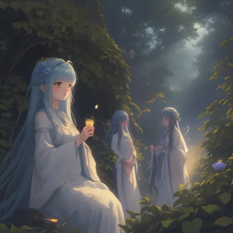 In this enchanting scene, the camera is situated among treetops, offering a low-angle perspective amidst a whimsical atmosphere, Moonlit forest glade, subtle mist swirling around ancient trees, illuminated by a soft, ethereal glow emanating from a crescent...