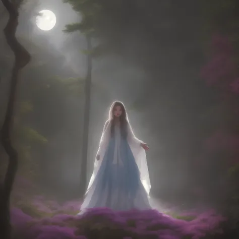 In this enchanting scene, the camera is situated among treetops, offering a low-angle perspective amidst a whimsical atmosphere, Moonlit forest glade, subtle mist swirling around ancient trees, illuminated by a soft, ethereal glow emanating from a crescent...