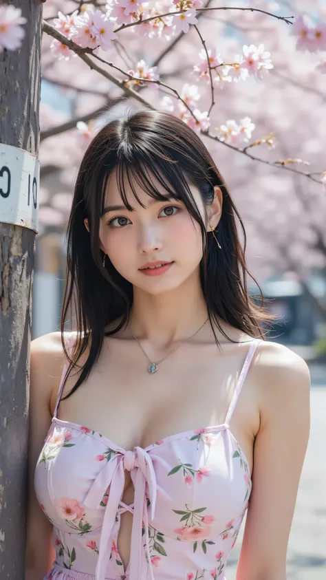 beautiful blue eyes and perfect, beautiful face, leaning sensually against a cherry blossom street wall, 彼女の官能的な視線teeth、side focus lenses. teeth、, tree々When you wear、makes for an attractive yet beautiful composition. 彼女teeth濡れています,  growing skin,  彼女teeth巨...