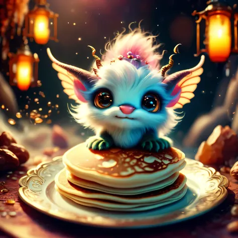 whimsical airbrush and oil painting, best angle of a Very cute pink ethereal shimmering mythical graceful transparent anthropomorphic furry agathion imp holds enchanted plate of pancakes, thin paws, fragile legs, agathion imp spirit, Mystical cavern where ...