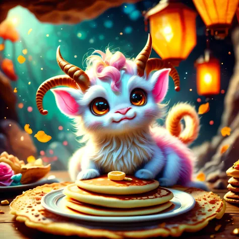 whimsical airbrush and oil painting, best angle of a Very cute pink ethereal shimmering mythical graceful transparent anthropomorphic furry satyr holds enchanted plate of pancakes, thin paws, fragile legs, satyr spirit, Mystical cavern where the honeycombs...