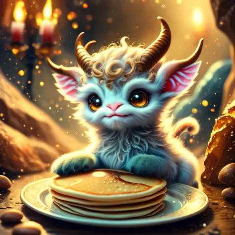 whimsical airbrush and oil painting, best angle of a Very cute ethereal shimmering mythical graceful transparent anthropomorphic furry satyr holds enchanted plate of pancakes, thin paws, fragile legs, satyr spirit, Mystical cavern where the honeycombs hang...