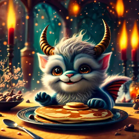 whimsical airbrush and oil painting, gothic style, friendly, Very cute mythical graceful transparent anthropomorphic gentle imp with horns and a tail holds enchanted plate of pancakes, he is dressed in dark colors and has a mischievous and slightly siniste...