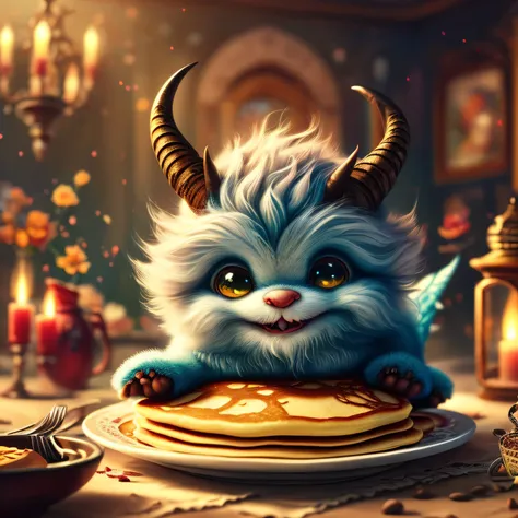 whimsical airbrush and oil painting, gothic style, friendly, Very cute mythical graceful transparent anthropomorphic gentle imp with horns and a tail holds enchanted plate of pancakes, he is dressed in dark colors and has a mischievous and slightly siniste...