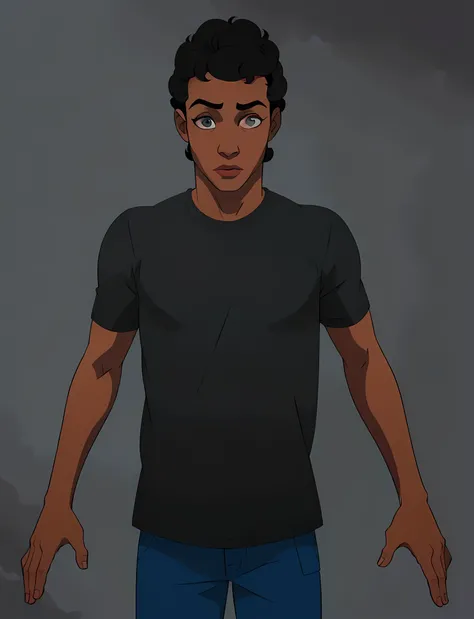 Bill-Blue
A black ager, black curly hair, wearing a black shirt, olhos azuis