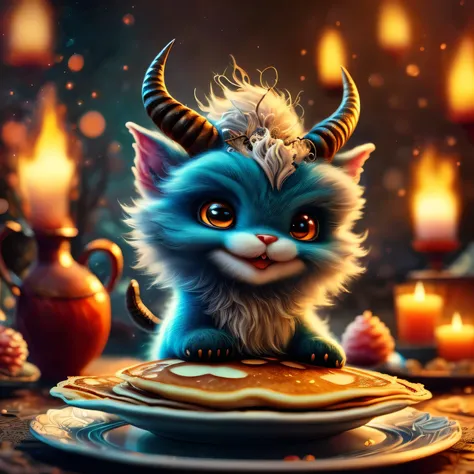 whimsical airbrush and oil painting, gothic style, friendly, Very cute mythical graceful transparent anthropomorphic gentle imp with horns and a tail holds enchanted plate of pancakes, he is dressed in dark colors and has a mischievous and slightly siniste...