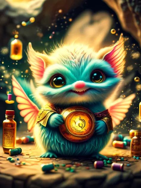 whimsical airbrush and oil painting, best angle of a Very cute multi-colored mythical graceful transparent anthropomorphic Spirit of Pills critter with an alchemical cauldron hold multi-colored pill, with hover in the air with an interest, thin arms, fragi...