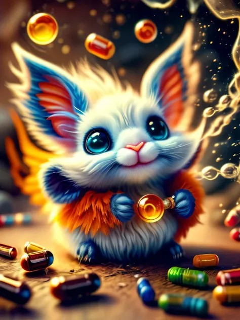 whimsical airbrush and oil painting,best angle of a Very cute mythical graceful transparent anthropomorphic Spirit of Pills critter with an alchemical cauldron hold color pill,with hover in the air with an interest,thin arms,fragile thread legs,Spirit of P...
