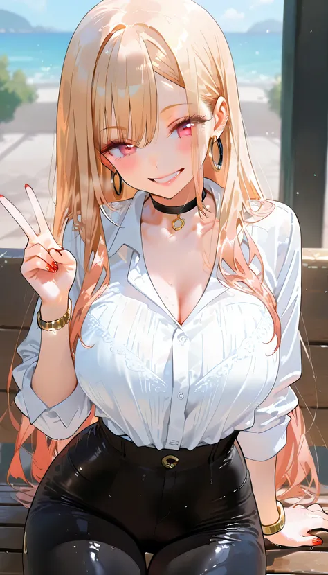 Marin Kitagawa, long blonde hair, pink eyes, big breasts, she has very tight black sports leggings, she is wearing tight leather pants, a sexy white blouse with a neckline but its sleeves are totally tight, hoop earrings, gold bracelets, long red nails, sh...