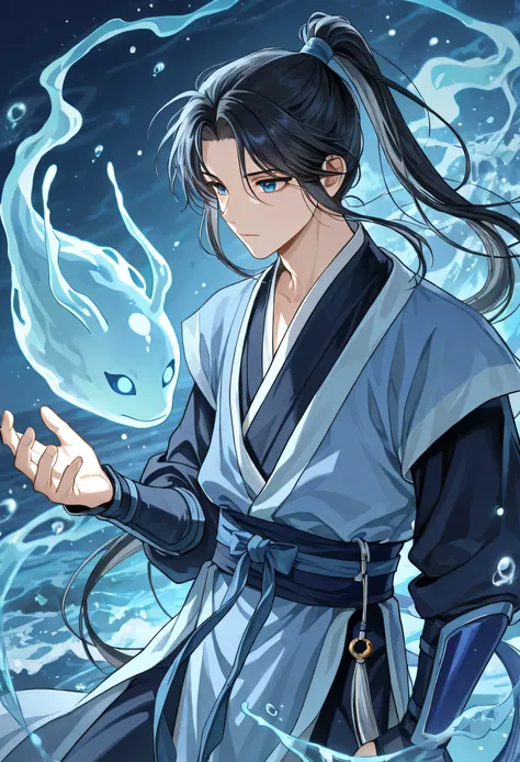 age boy, 18 years old, blue eyes, black hair tied in a ponytail, blue armor, blue hanfu, black clothes underneath, manhua style, sea spirit, high resolution, hd, swordsman, solo, ultra detailed