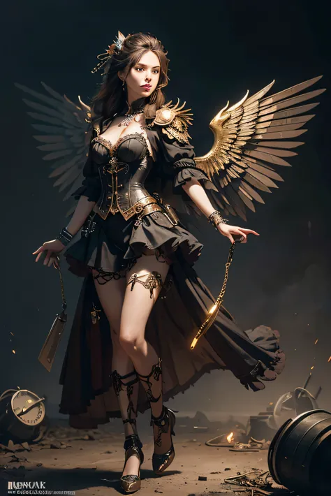 (Best quality,4K,A high resolution,Masterpiece:1.2),Ultra-detailed,(Realistic:1.37) Girl with mechanical parts, fullbody view in image, steampunk wind,Delicate clockwork details,Brass gears and gears,Beautiful and intricate design,(Mechanical wings),Glowin...