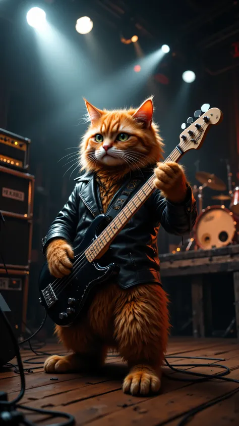 8k, Masterpiece, Top Quality, Low-angle, close-up, anthropomorphic, ginger cat, serious, focused, black leather jacket, bass guitar, light-colored wood, chrome hardware, dimly lit, spotlights, stage equipment, drum kit, amplifier stack, smoky, hazy, woode...