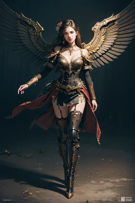 (Best quality,4K,A high resolution,Masterpiece:1.2),Ultra-detailed,(Realistic:1.37) Girl with mechanical parts, fullbody view in image, steampunk wind,Delicate clockwork details,Brass gears and gears,Beautiful and intricate design,(Mechanical wings),Glowin...