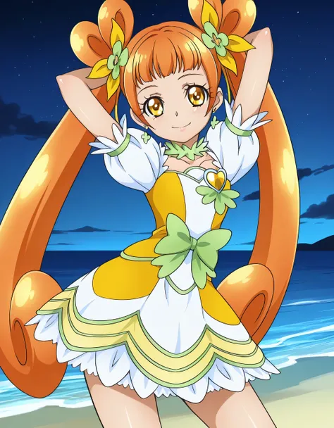 curerosetta, dokipri, shiny skin,  source anime, shiny skin, high quality, solo, night sky, beach, hands behind head, ((contrapposto)), closed mouth, cowboy shot, looking at viewer, smile, best quality
