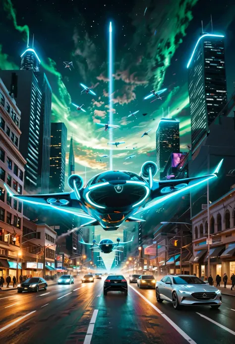 2050s - The Flying Car Concept
"Create a hyperrealistic image of a futuristic flying car from the 2050s, blending elements of both a car and an aircraft. The vehicle hovers above a bustling, neon-lit cityscape, with glowing thrusters and wings extended. Th...