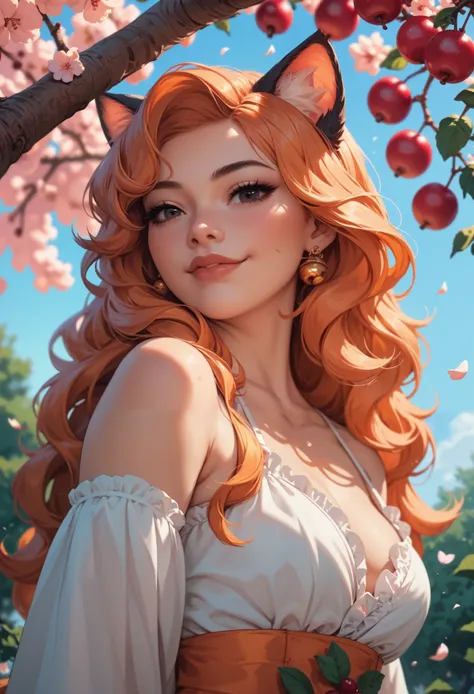 a A very cute female Furry orange cat as Xochitl Gomez, cat ears,  orange woman, with long hair, black eyes,  under a cherry tree , With a dawning sky,  with big ,  showing off her entire body , seductive clothing.