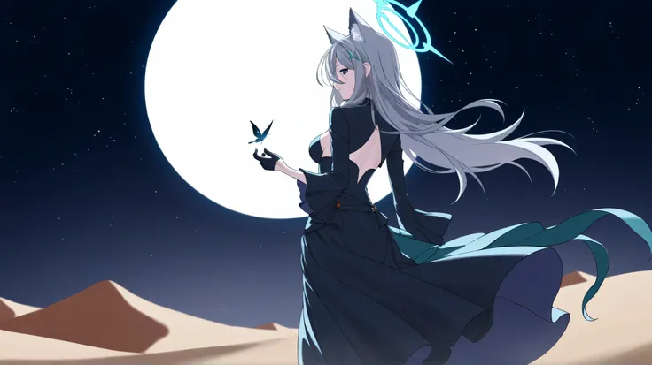 blue archive、Satou Shiroko、Terror、wallpaper、fantastic、long hair、Takanashi Hoshino、battle、Wolf ears、 dress、Night Sky、Decadent、Twisted waves in multiple colors with pale background、Oblique View、The ground is desert、back view、I can look back and see my profil...