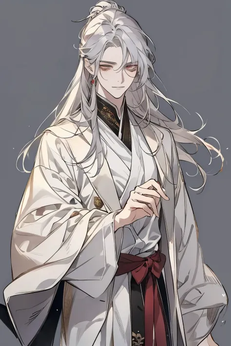 점수_9, 점수_8_위로, 점수_7_위로, Solo, Watercolor, 1 male, long hair, silver hair, gold Eyes, wear oriental white dress, skin, Simple Accessories, simple background, master piece, handsome, best quality, impasto, perfect face, adult male, full-body portraits, delic...