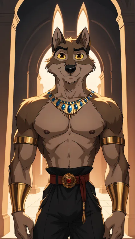 baltotwd, wolfdog, balto, brown eyes, yellow sclera, solo, detailed, detailed face, black eyes, anthro body, male, adult, muscular, cartoon shading, cel shaded:1.0, flat colors, (no background, white background):1.5, shirtless, wfa style, negger style, car...
