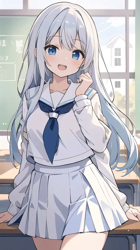 cute girl, アニメ, silver hair, straight hair, Cyan eyes, (young:0.9), (small bust:0.5), (cute:1.3), (middle bust:0.8), (cute girl:1.2), cowboy shot, cute, side shot, (Smail:1.3), open mouth, backwards, (white school uniform:1.6), (dark blue skirt:1.6), ローアング...