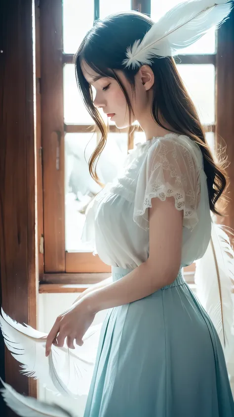 masterpiece, best quality, ultra-detailed, 8k, cinematic lighting, photorealistic anime style,

a beautiful young girl with long wavy hair, soft expression, flawless pale skin, natural makeup, wearing a delicate vintage blouse with frills and a translucent...