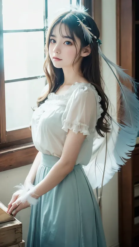 masterpiece, best quality, ultra-detailed, 8k, cinematic lighting, photorealistic anime style,

a beautiful young girl with long wavy hair, soft expression, flawless pale skin, natural makeup, wearing a delicate vintage blouse with frills and a translucent...