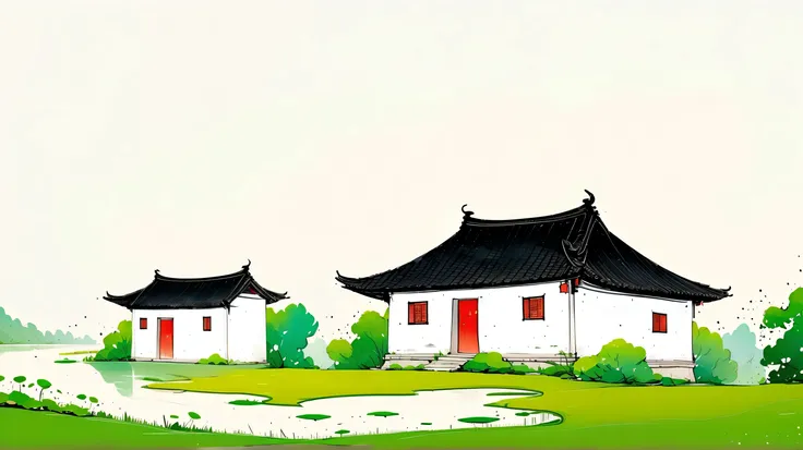 中国水墨画sketch:Light Ink,Lowercase,sketch,artistic conception,A small Anhui-style house in a field,Minimalism,White background。(((Negative Space,Bottom left composition)))