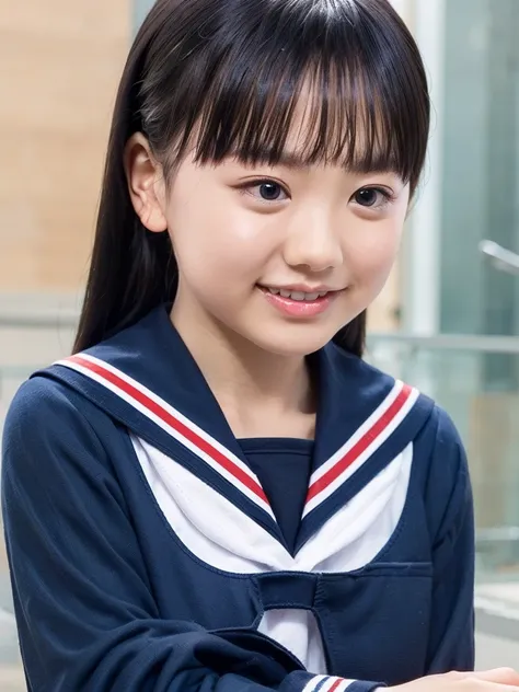 smiliy, long hair, Elementary school student, wearing sailor suit, Dark Blue, long sleeve, upper body, small eyes, make up, ((looking away:1.2))
