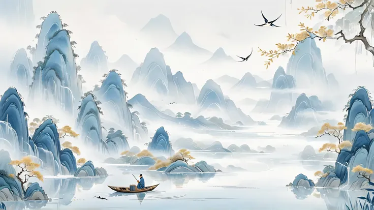 Fine pictures, fine lines,(Golden Section composition), (Golden Ratio),Minimalism,(flat illustration:1.4),guofeng,chinese style,gcch,blue,ZenThe tranquility of a drizzling spring day conveyed in a minimalistic style, encompassing the lush ink-and-wash moun...