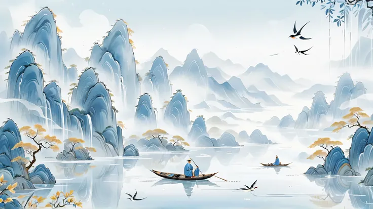 Fine pictures, fine lines,(Golden Section composition), (Golden Ratio),Minimalism,(flat illustration:1.4),guofeng,chinese style,gcch,blue,ZenThe tranquility of a drizzling spring day conveyed in a minimalistic style, encompassing the lush ink-and-wash moun...