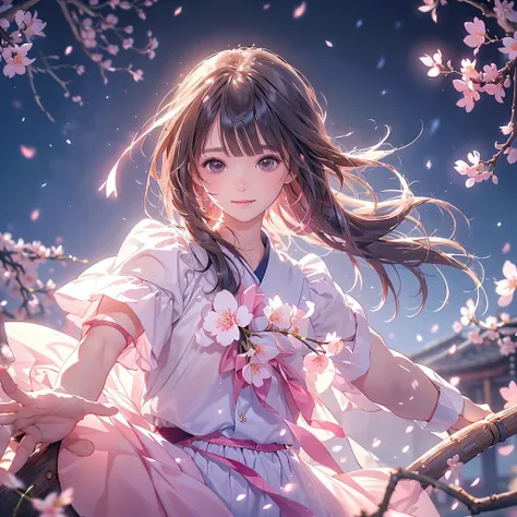 absurd、fantasy around the eyes、cherry blossomsの花びらの上に乗っている、1girl, pretty face、Baby Face、((((dynamic best composition、top quality、masterpiece、Super Detail、high definition、PERFECT ANATOMY))))、translucent clean watercolor painting、cherry blossoms吹雪、Graduation...